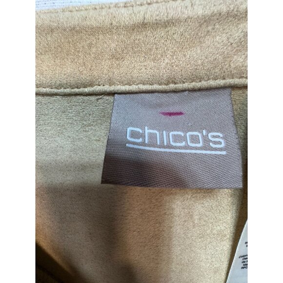 Chico's Women's V Neck Tunic Top Long Sleeve Stretch Faux Suede Paisley Sz 3 Tan - Picture 2 of 12